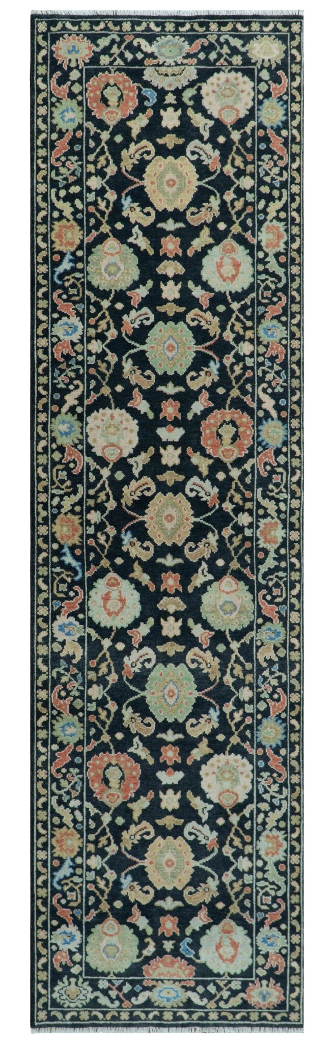Modern Hand Knotted Black and Multicolor Oushak Custom Made Wool Rug