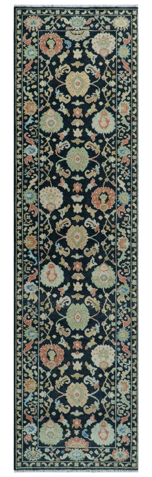 Modern Hand Knotted Black and Multicolor Oushak Custom Made Wool Rug