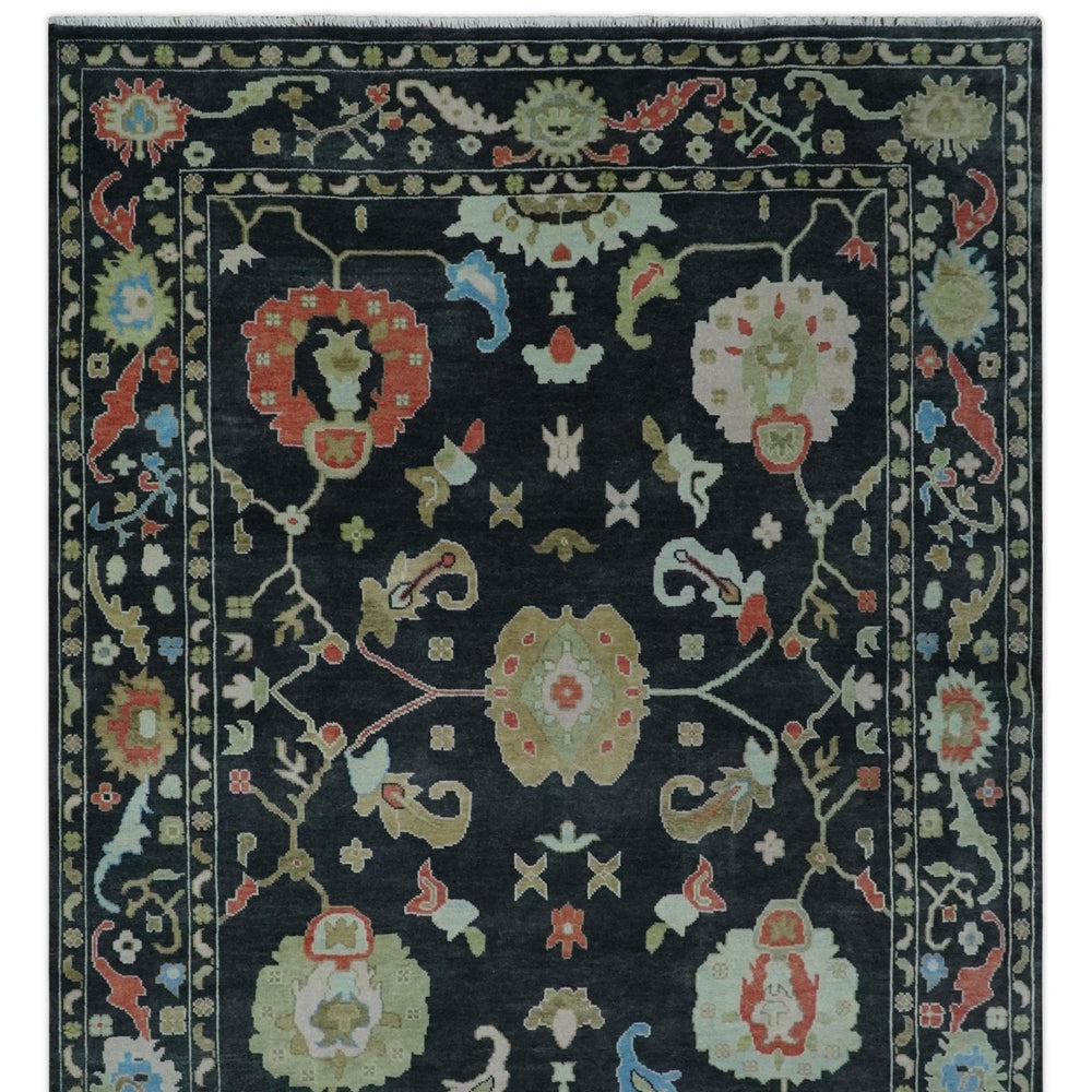 Modern Hand Knotted Black and Multicolor Oushak Custom Made Wool Rug