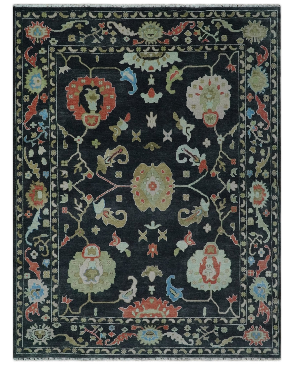 Modern Hand Knotted Black and Multicolor Oushak Custom Made Wool Rug