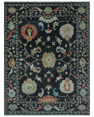Modern Hand Knotted Black and Multicolor Oushak Custom Made Wool Rug