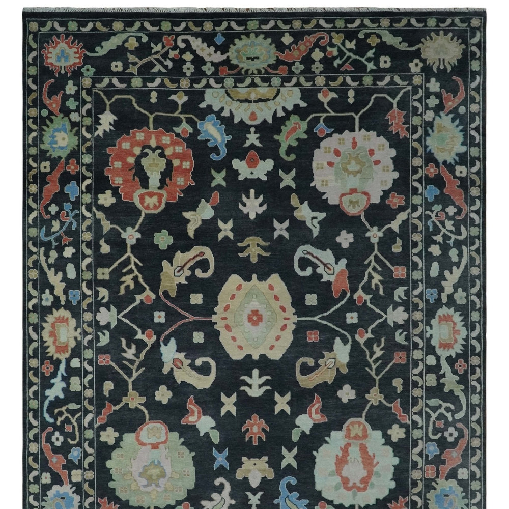 Modern Hand Knotted Black and Multicolor Oushak Custom Made Wool Rug