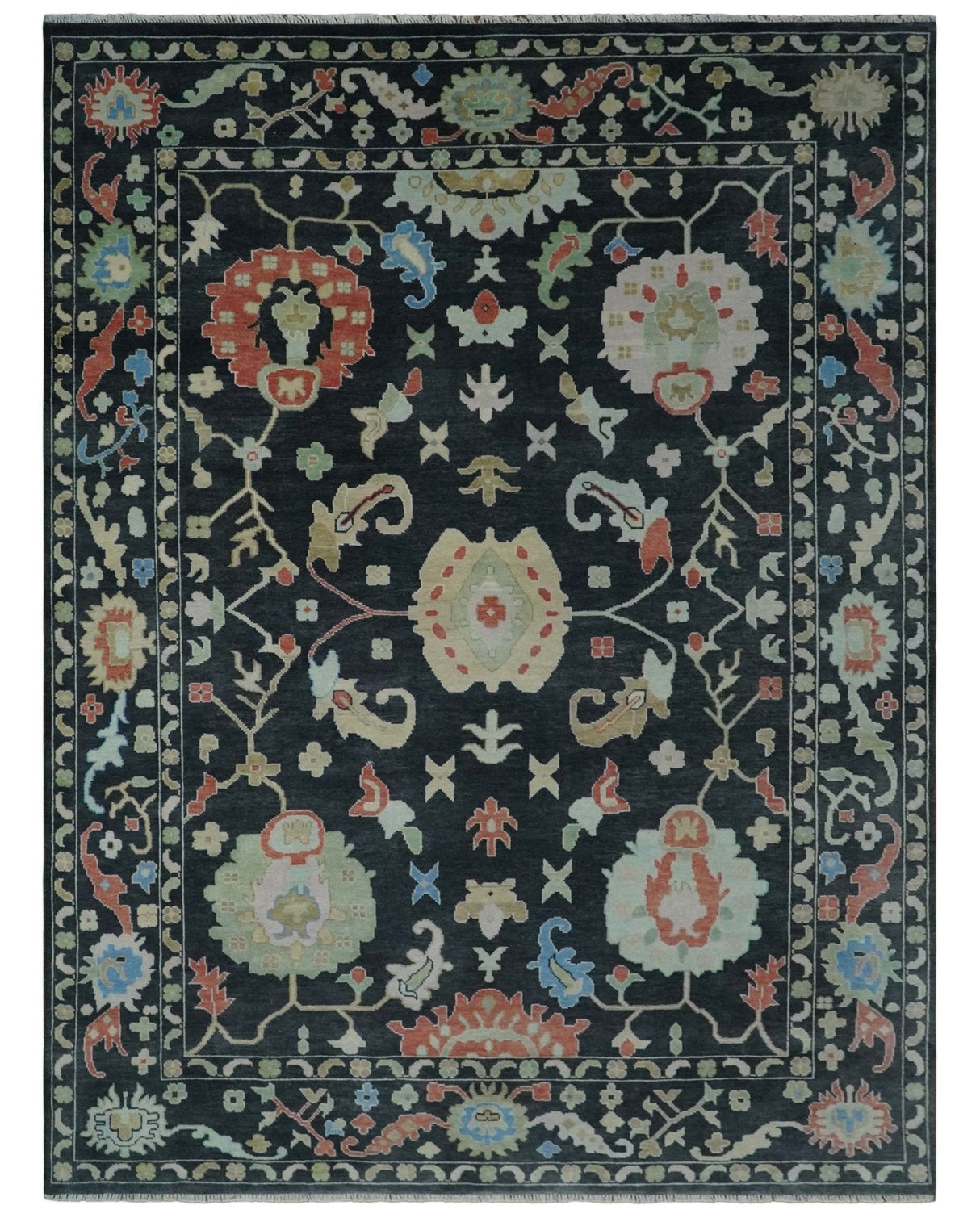 Modern Hand Knotted Black and Multicolor Oushak Custom Made Wool Rug