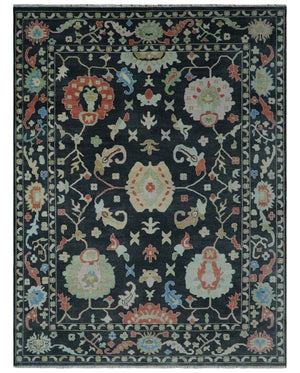 Modern Hand Knotted Black and Multicolor Oushak Custom Made Wool Rug