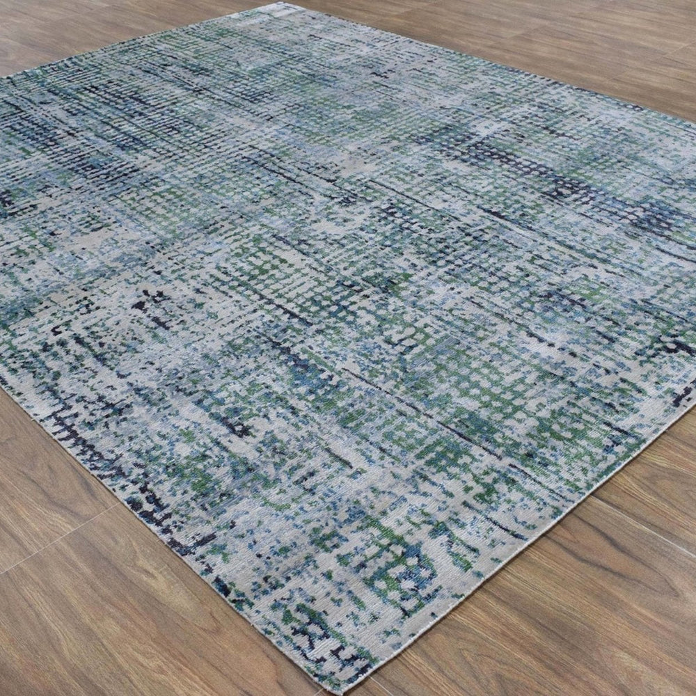 Modern Contemporary Blue and Green Hand Knotted Bamboo Silk 8x10 Area Rug
