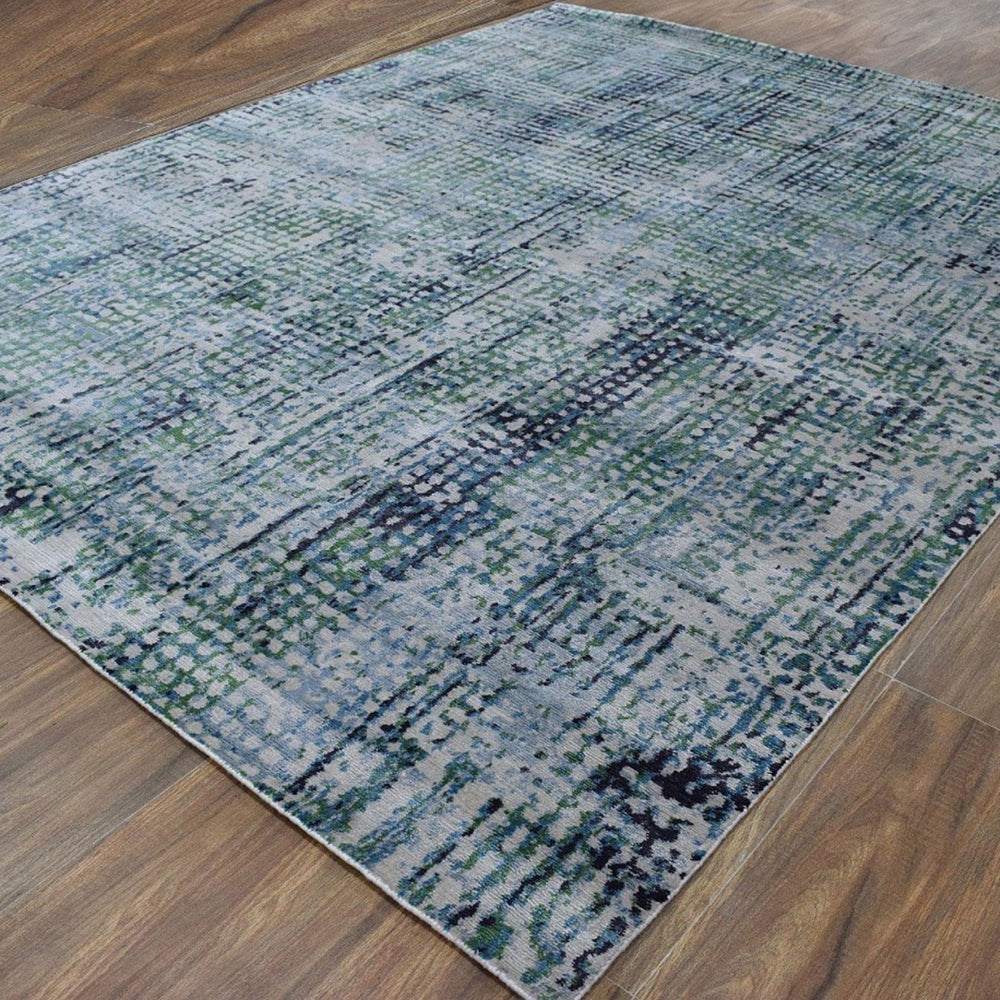 Modern Contemporary Blue and Green Hand Knotted Bamboo Silk 8x10 Area Rug