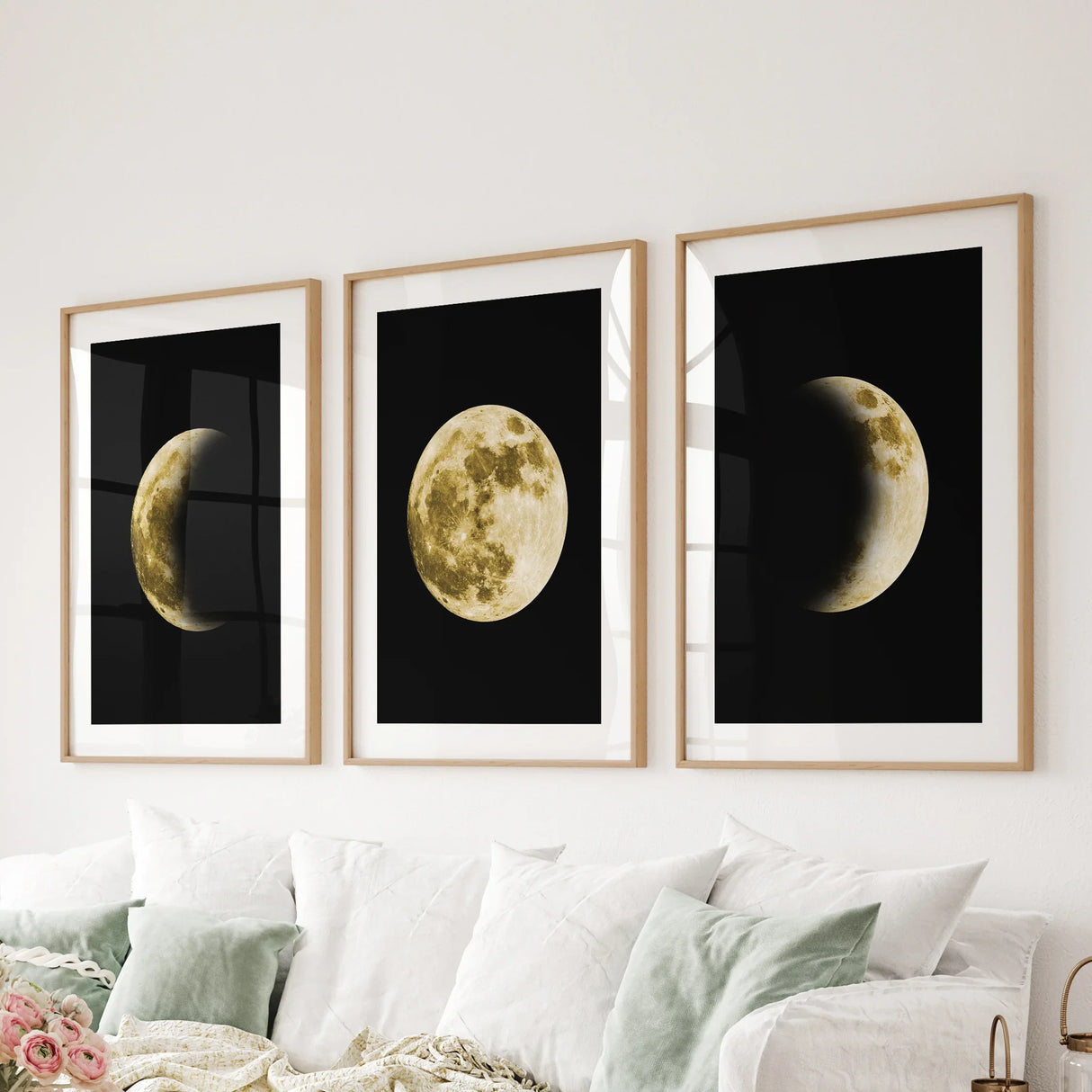Celestial Moon 3 Piece Wall Decor. Gold Full Moon, Phases