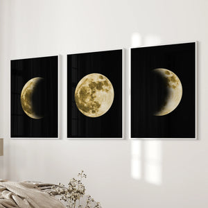 Celestial Moon 3 Piece Wall Decor. Gold Full Moon, Phases