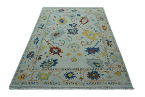 Modern Oushak Ivory And Blue Hand Knotted Wool Rug