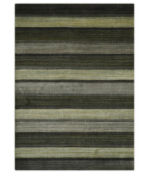 Modern Stripes 5x7 Antique Moss Green and Gray Wool Hand Woven Area Rug