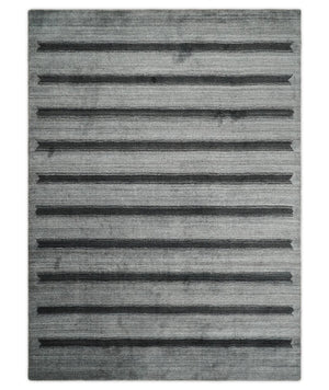 Modern Scandinavian Stripes Style 5x7 Silver and Gray Wool Hand Woven Area Rug
