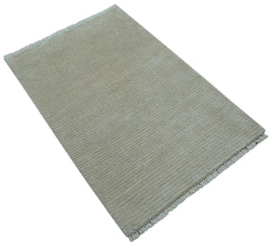 Modern Solid Design Beige Hand Knotted Wool And Silk Rug
