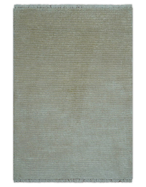 Modern Solid Design Beige Hand Knotted Wool And Silk Rug