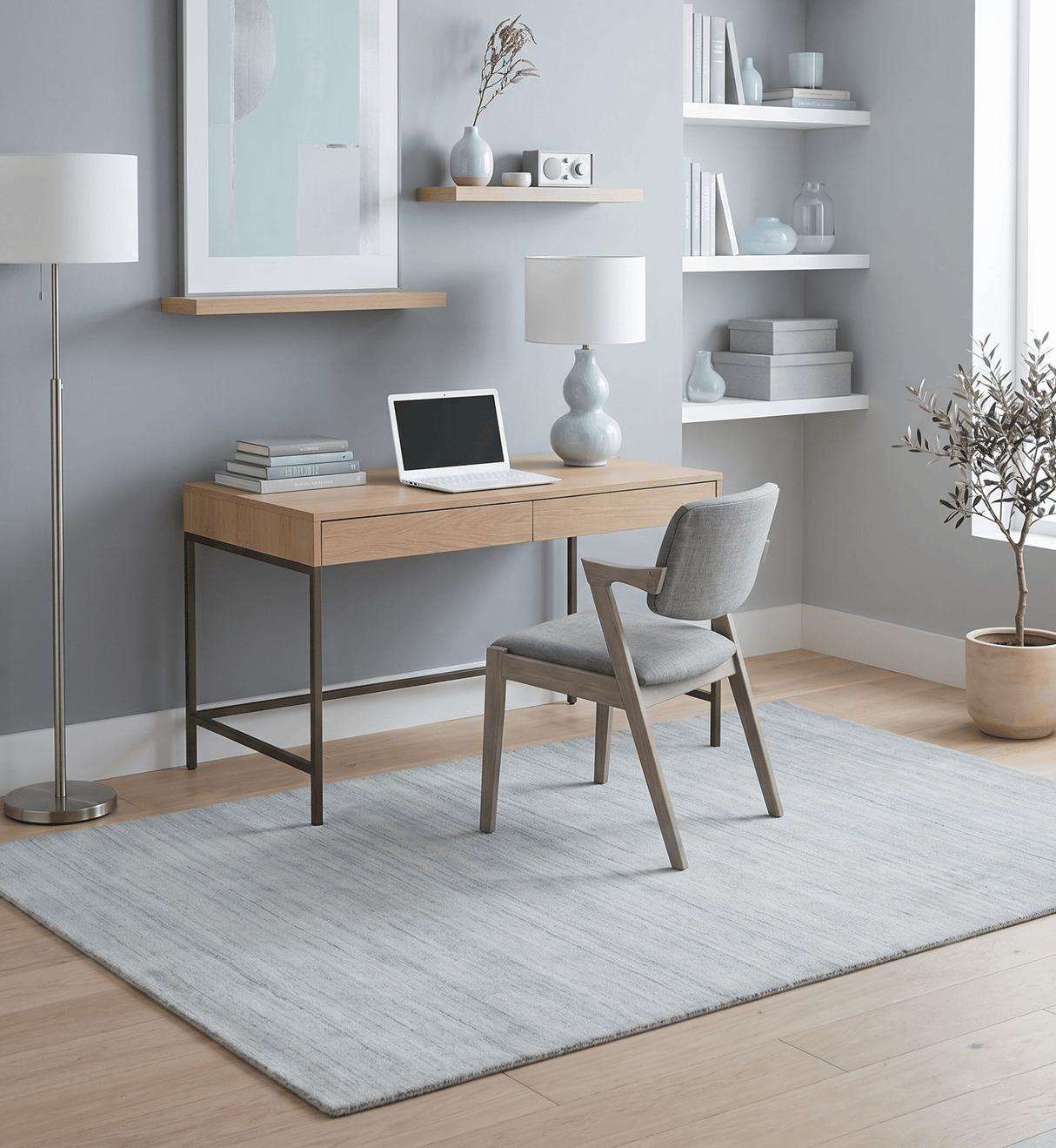 Modern Solid Silver and White  5x7 Blended Wool Hand woven Area Rug
