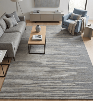 Modern Stripe Pattern Beige and Gray Hand Tufted Wool and Silk Area Rug