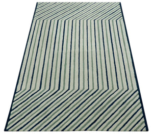 Modern Stripes Design Beige And Blue Hand Tufted Custom Made Wool Area Rug