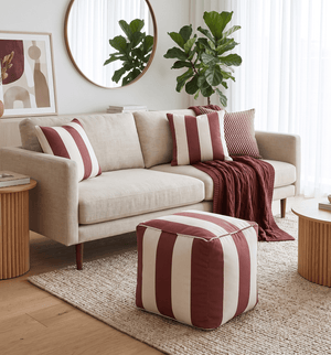 Modern Stripes Pattern Rust And White Polyester Pouf