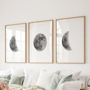 Moon Phases Set of 3 Prints. Black and White Lunar Cycle