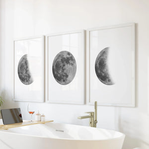 Moon Phases Set of 3 Prints. Black and White Lunar Cycle
