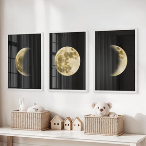 Celestial Moon 3 Piece Wall Decor. Gold Full Moon, Phases