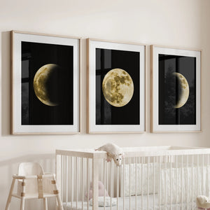 Celestial Moon 3 Piece Wall Decor. Gold Full Moon, Phases