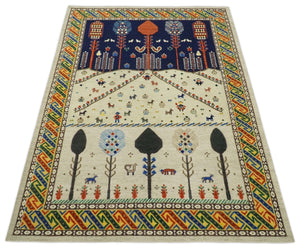 Flatwoven Weave 5x7 Beige and Blue Tribal Wool Hand Woven Southwestern Gabbeh Rug