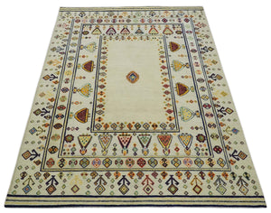 Tribal Art 5x7 Ivory and Beige Wool Hand Woven Southwestern Gabbeh Rug