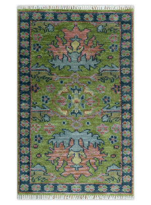 Moss Green, Blue and Peach Hand Knotted Vibrant colorful Donegal Design Multi Size Wool Area Rug