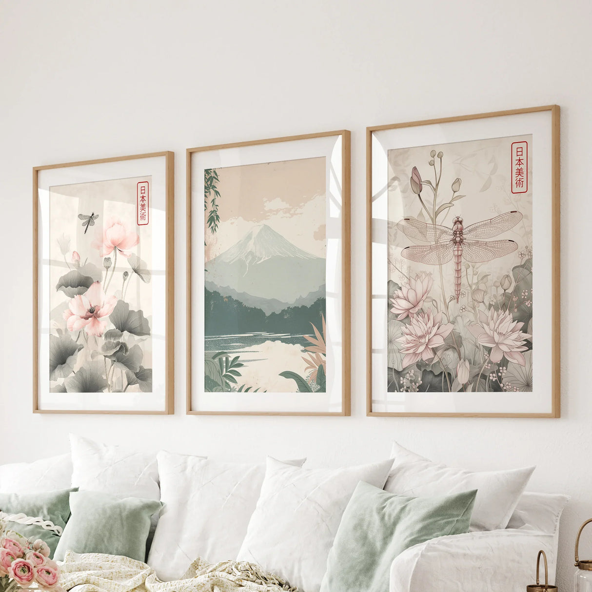 Japandi Style Set of 3 Wall Art. Floral and Mountain Prints