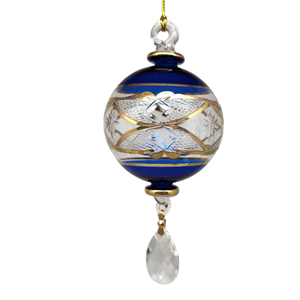 Etched Blown Glass Ball with Crystal Dangle - Blue