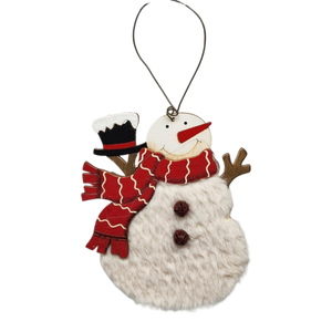 Wood and Fur Snowman Ornament - Holding his Tophat