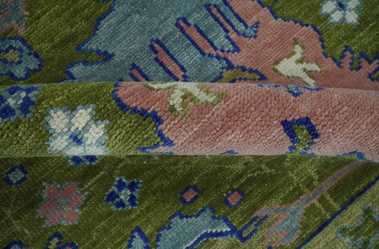 Multi size Moss Green, Blue and Peach Hand Knotted Vibrant colorful Donegal Wool Rug