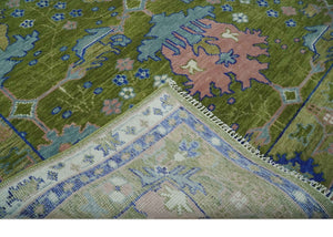 Multi size Moss Green, Blue and Peach Hand Knotted Vibrant colorful Donegal Wool Rug