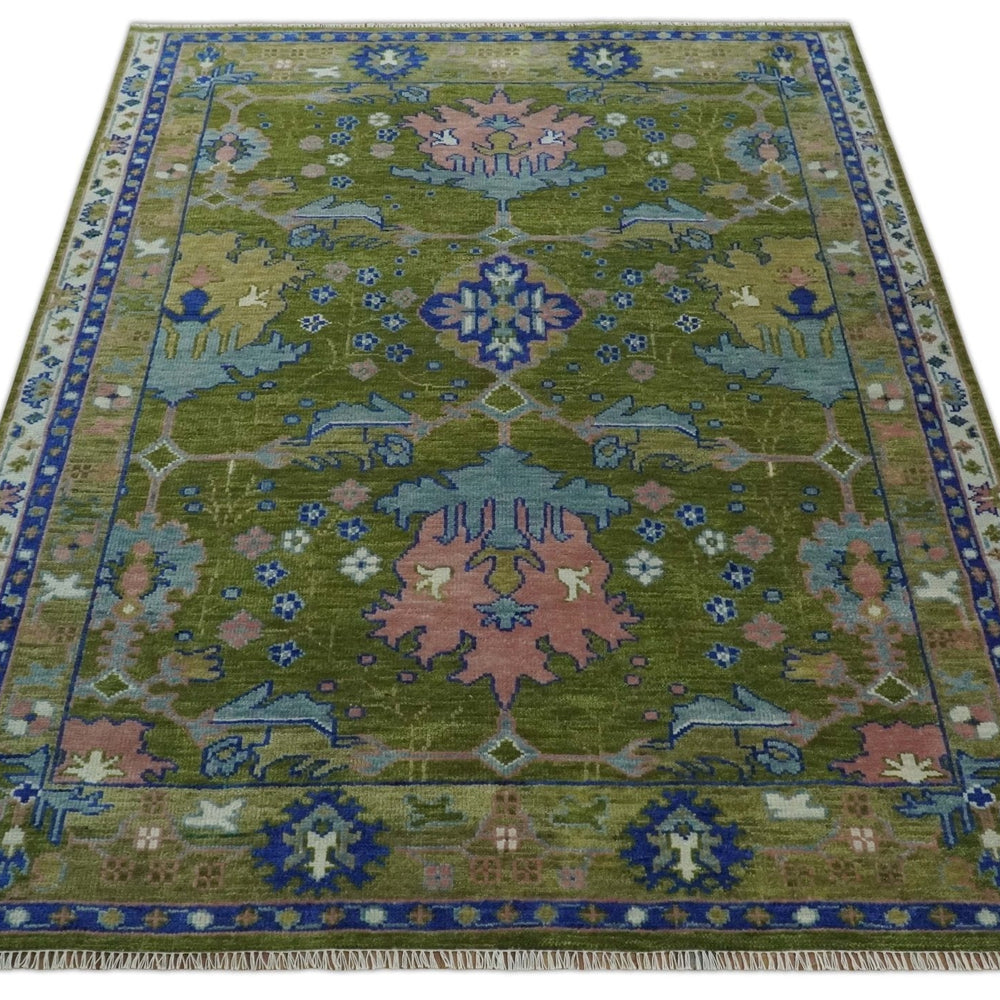 Multi size Moss Green, Blue and Peach Hand Knotted Vibrant colorful Donegal Wool Rug