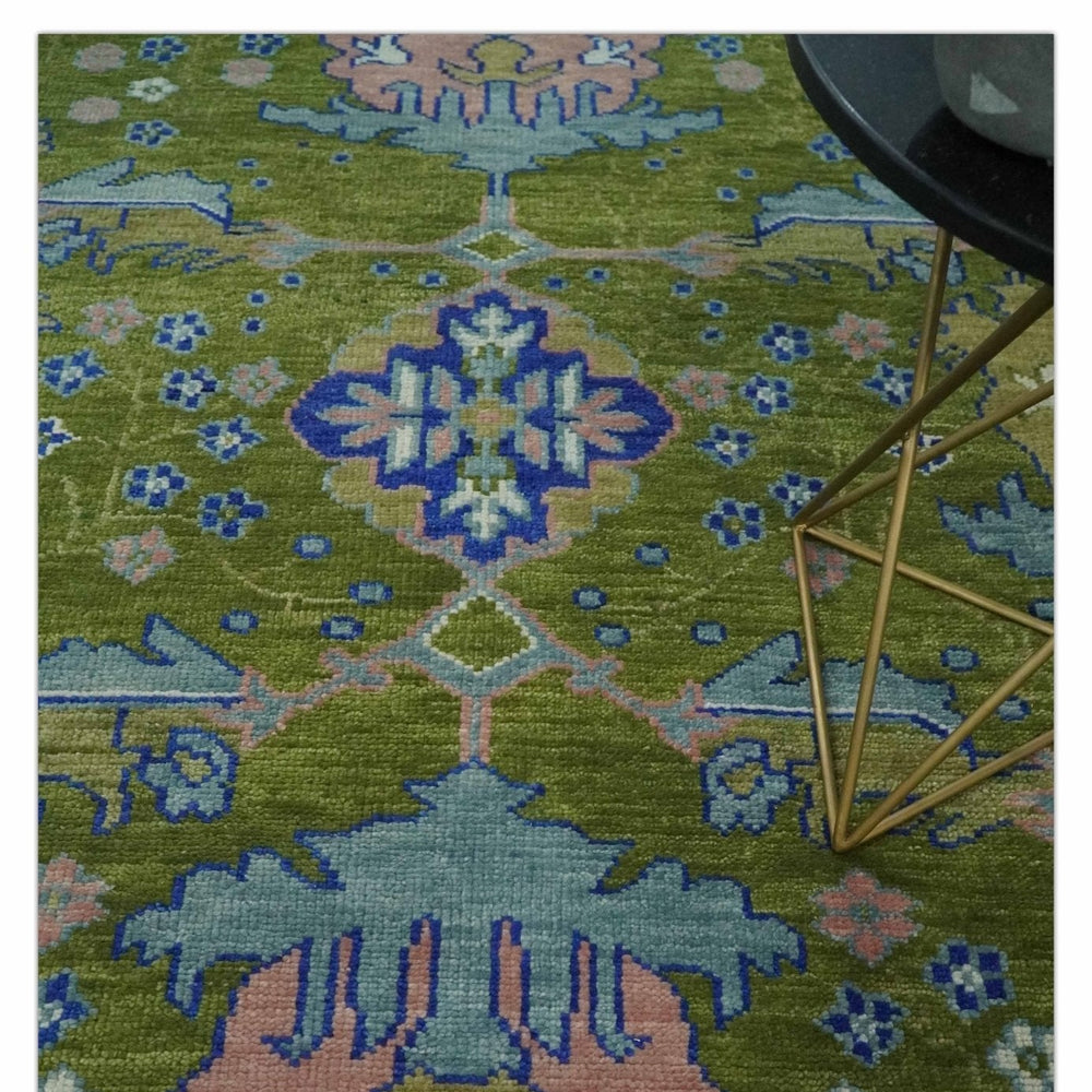 Multi size Moss Green, Blue and Peach Hand Knotted Vibrant colorful Donegal Wool Rug