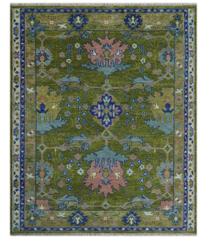 Multi size Moss Green, Blue and Peach Hand Knotted Vibrant colorful Donegal Wool Rug