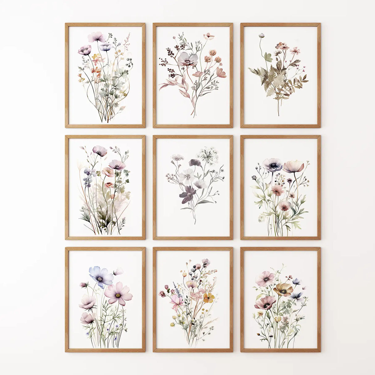 Soft Botanical Watercolor Set of 9 Prints. Wildflower Wall Art
