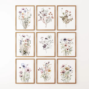 Soft Botanical Watercolor Set of 9 Prints. Wildflower Wall Art