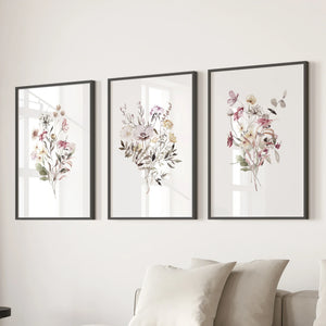 Floral Art Set of 3. Watercolor Wildflower Bouquet Prints