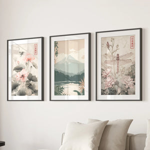 Japandi Style Set of 3 Wall Art. Floral and Mountain Prints