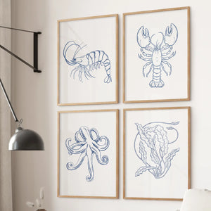 Sealife Line Art Set of 4 Prints. Lobster, Seaweed, Octopus