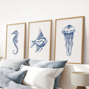 Sea Animal Posters. Seahorse, Fish, Jellyfish Art Print Set