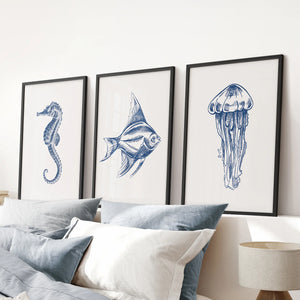 Sea Animal Posters. Seahorse, Fish, Jellyfish Art Print Set