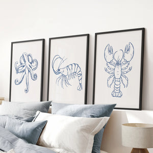 Octopus, Lobster, Crayfish Wall Art. Trendy Set of 3 Prints