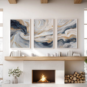 3 Piece Modern Abstract Marble Wall Art: Navy Blue and Gold