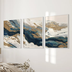 Gold & Blue Brush Strokes. Luxury 3 Piece Abstract Wall Art