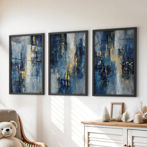 Navy Blue and Gold Triptych. Sparkle Oil Painting Prints