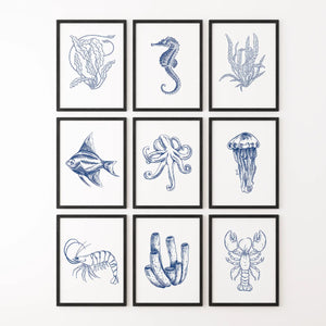 Coastal Nautical Set of 9. Navy Blue Sea Life Prints