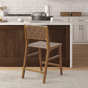 Nebuluxe Faux Leather Woven Counter Stool with Solid Wood Frame - Pecan