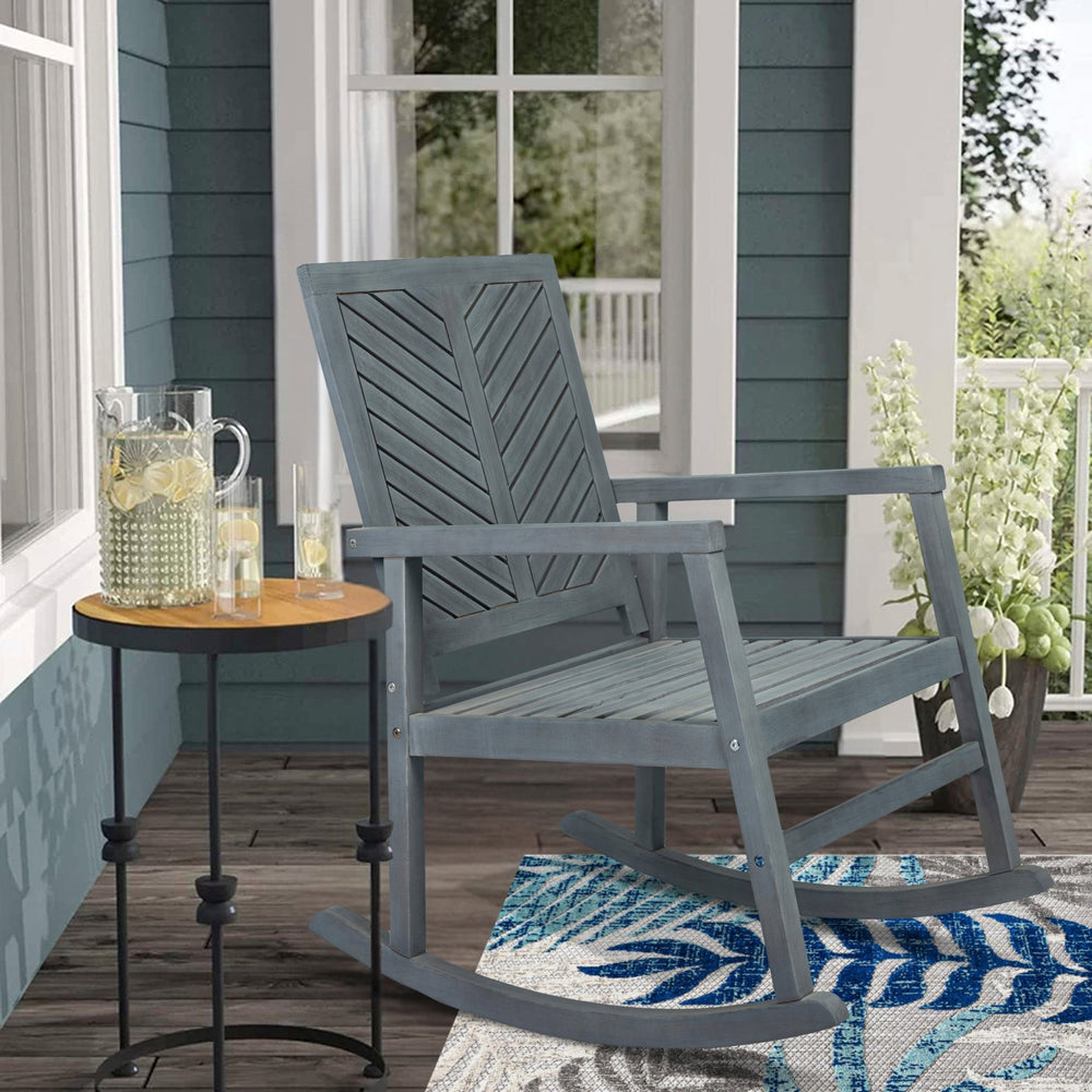 Ned modern chevron - back support acacia wood patio outdoor rocking chair - Tuesday Morning - Outdoor Chairs